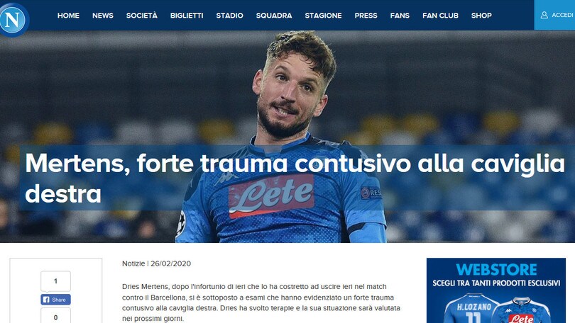 Napoli, trauma contusivo per Mertens