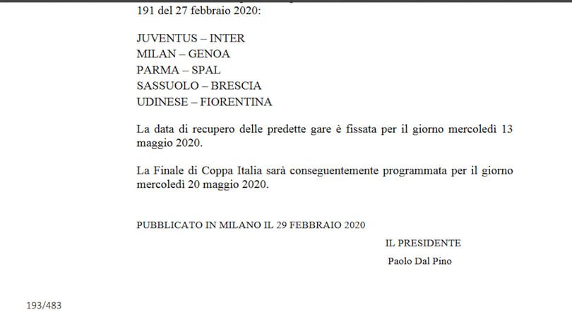 Ufficiale: Juventus-Inter rinviata insieme alle altre 4 a porte chiuse