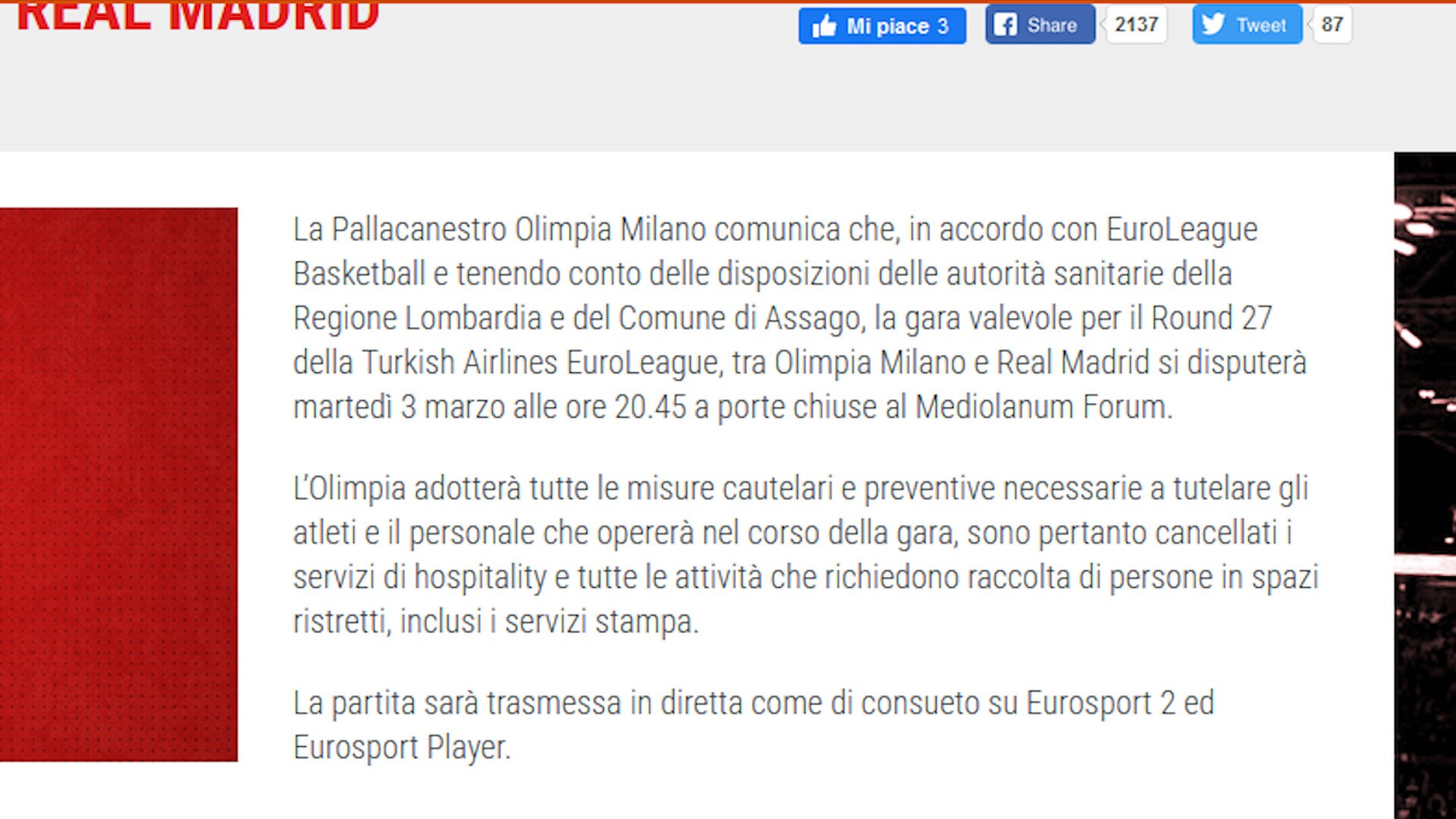 Eurolega: Forum vuoto, Milano-Real Madrid a porte chiuse