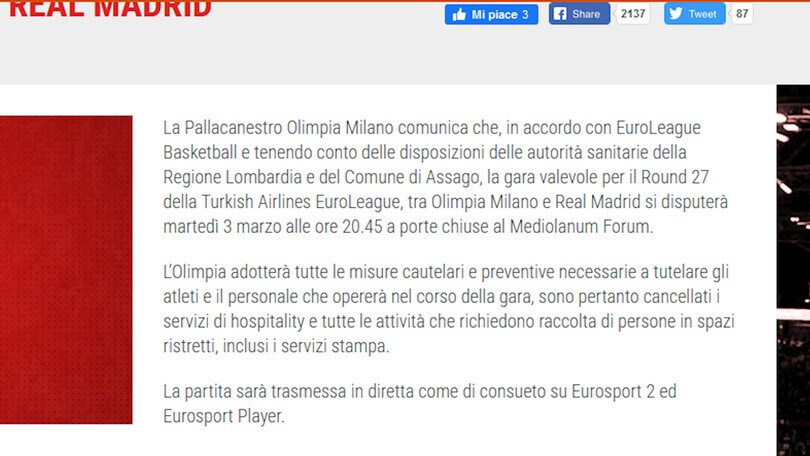 Eurolega: Forum vuoto, Milano-Real Madrid a porte chiuse
