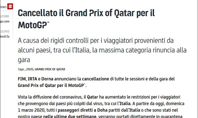 Coronavirus, la MotoGp cancella la gara in Qatar