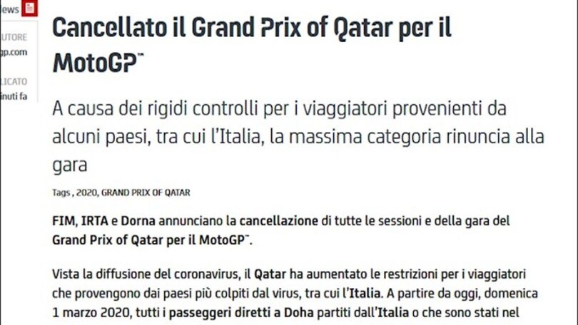 Coronavirus, la MotoGp cancella la gara in Qatar