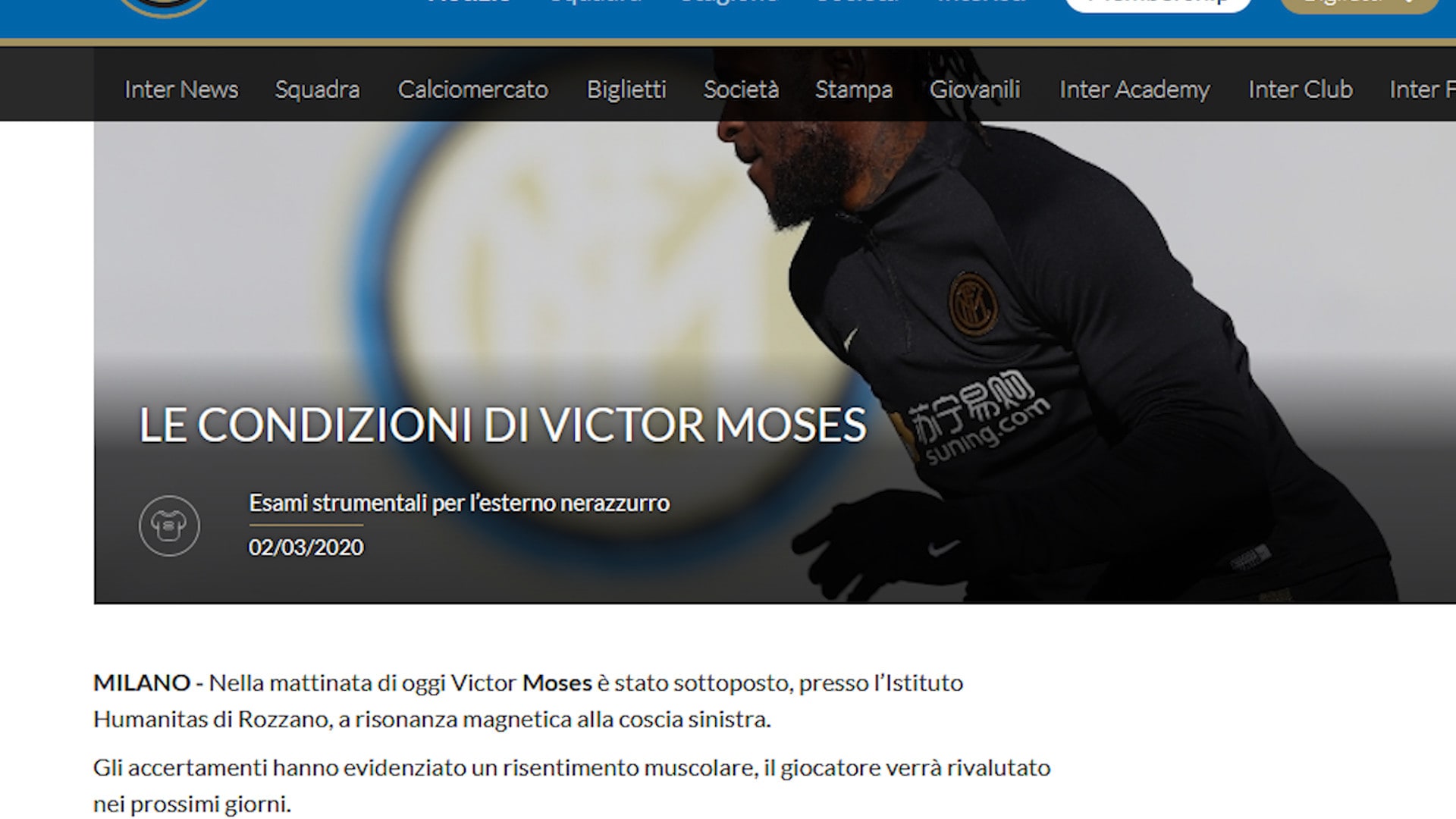 Coppa Italia: l'Inter perde Moses in vista del Napoli