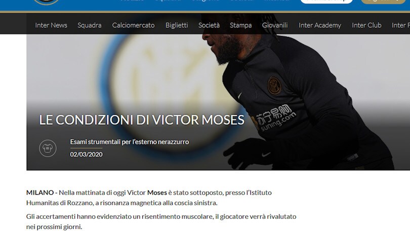 Coppa Italia: l'Inter perde Moses in vista del Napoli