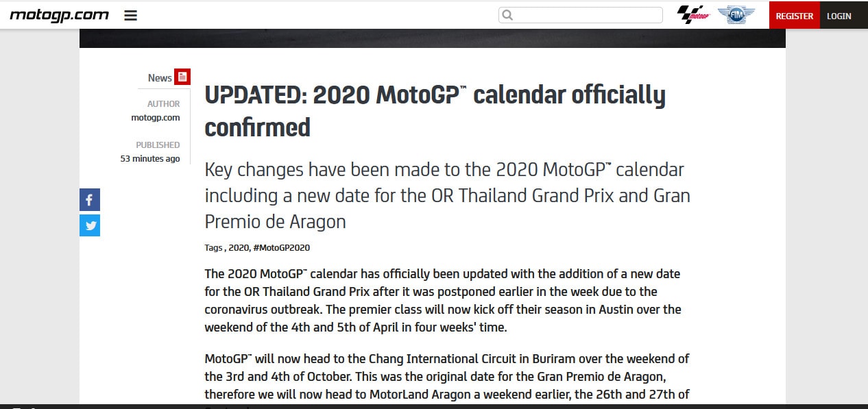 Moto Gp, calendario modificato: si parte il 5 aprile dagli Usa