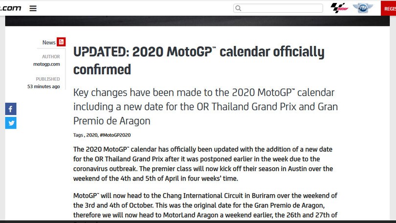 Moto Gp, calendario modificato: si parte il 5 aprile dagli Usa