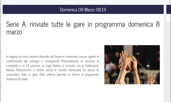 Basket, stop a tutte le partite di Serie A