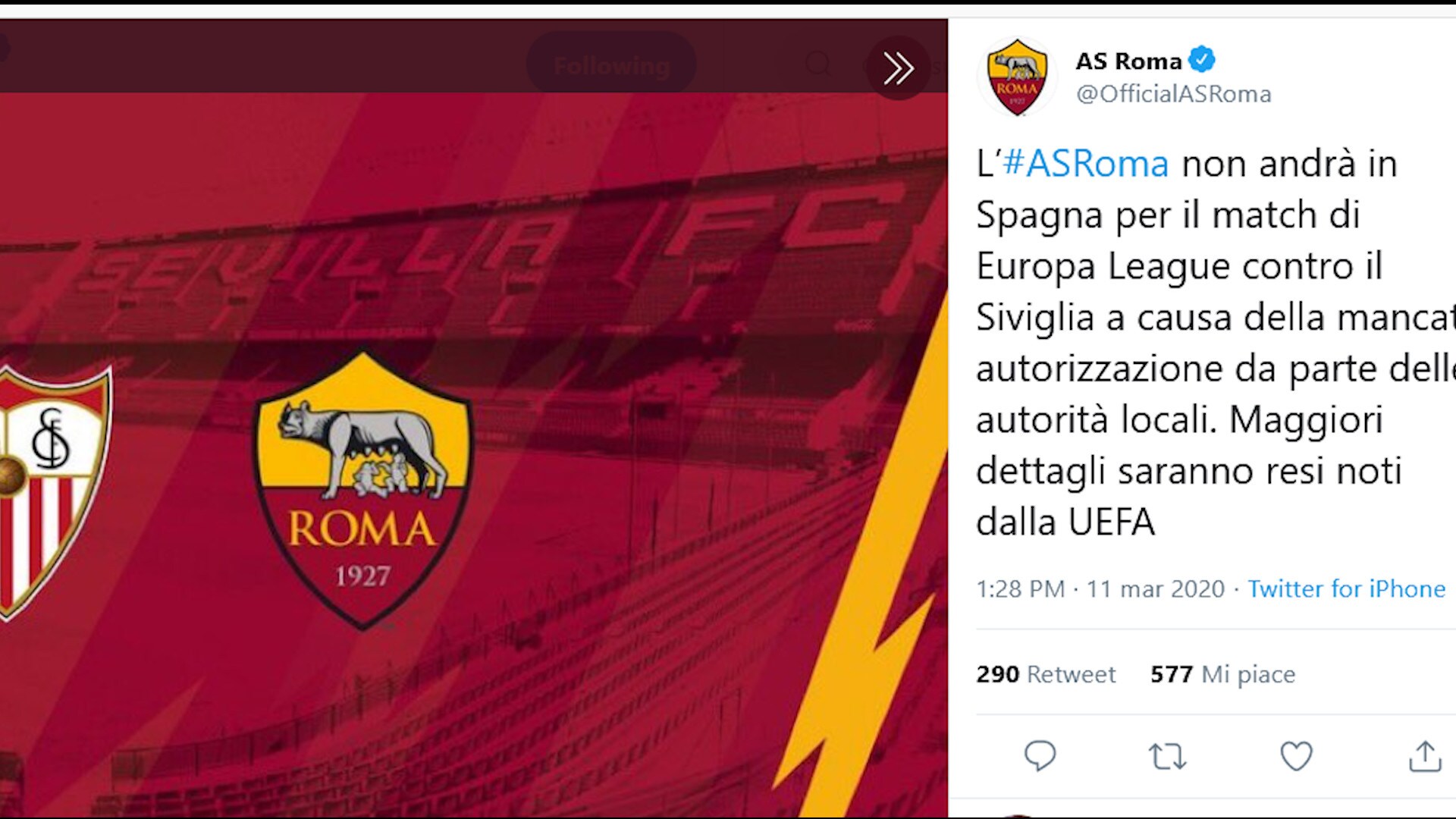 Europa League, salta la gara tra Siviglia e Roma
