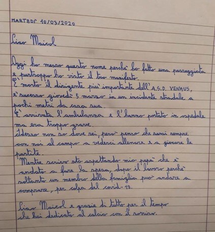 La lettera del baby talento del Venaus che vale più di mille parole