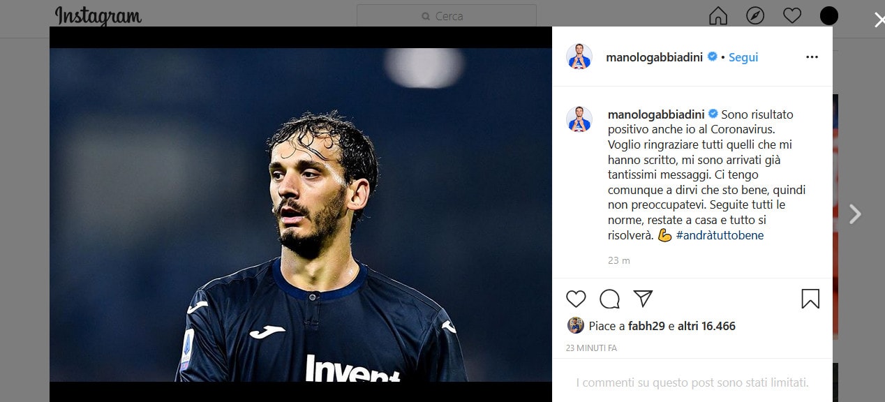 Coronavirus in Serie A, Manolo Gabbiadini è positivo al test