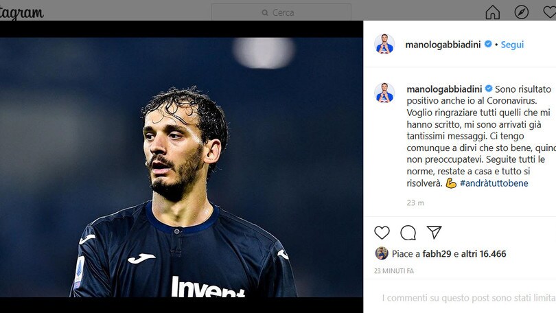 Coronavirus in Serie A, Manolo Gabbiadini è positivo al test
