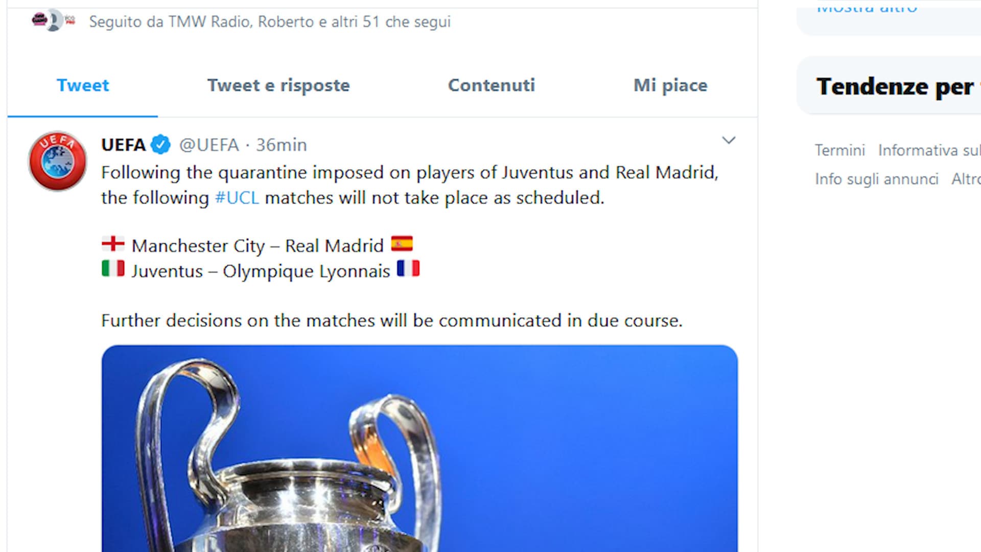 L'Uefa ufficializza il rinvio di Juve-Lione e City-Real Madrid