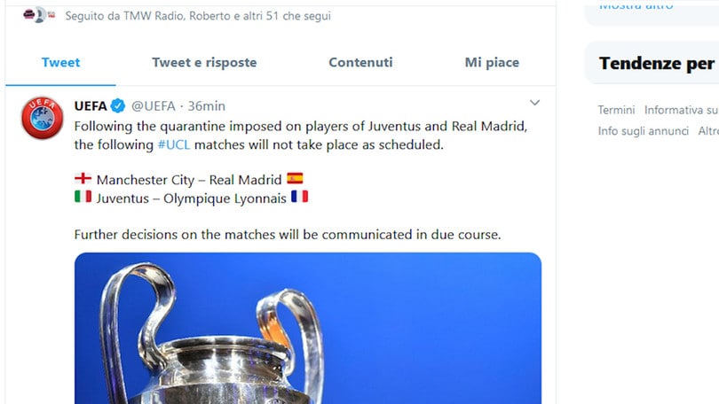L'Uefa ufficializza il rinvio di Juve-Lione e City-Real Madrid
