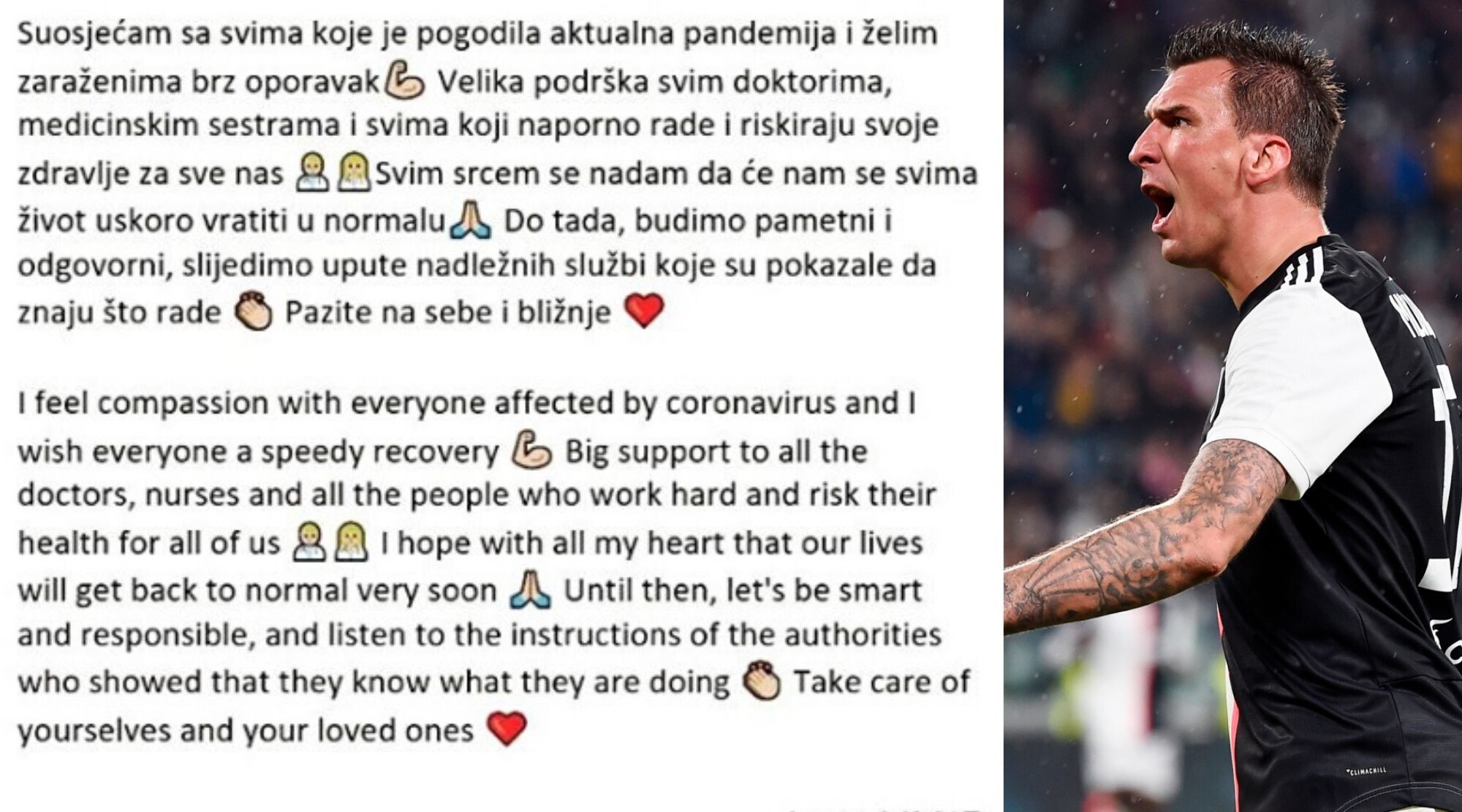 Coronavirus, Mandzukic sui social: "Grazie a chi rischia per noi"
