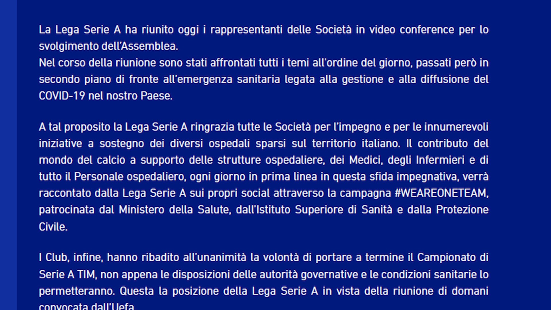 L' Uefa pensa ad una Serie A dopo il 30 giugno