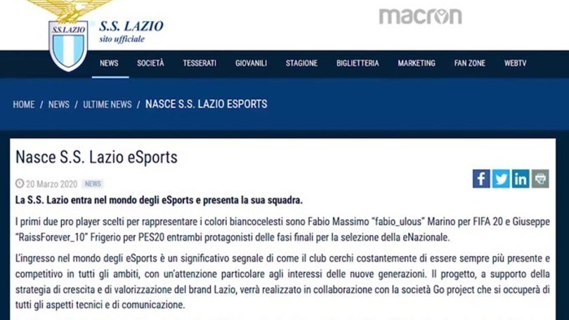Esport, la Lazio lancia il suo nuovo team