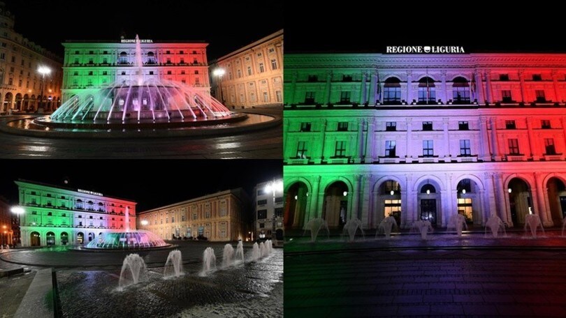 Coronavirus, il tricolore italiano illumina il palazzo della Regione Liguria