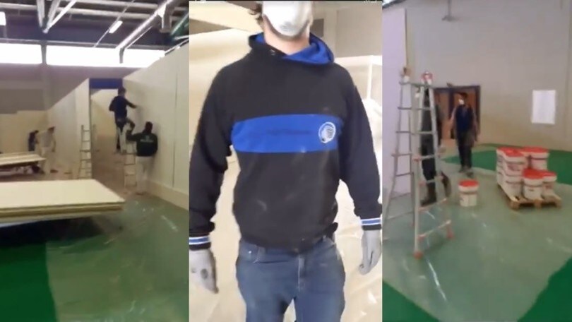 Gli ultrà imbianchini dell’Atalanta al lavoro nel nuovo ospedale da campo di Bergamo realizzato dagli alpini