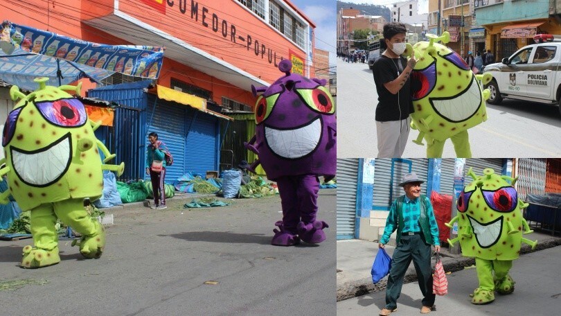 Per le strade di La Paz due artisti si travestono da Coronavirus