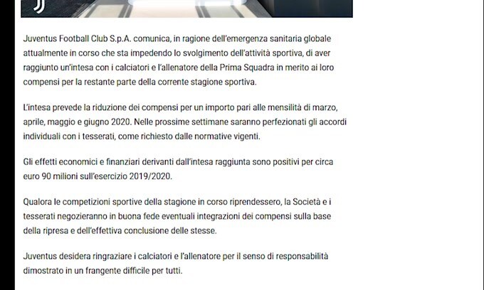Taglio stipendi: elogio di Gravina alla Juventus