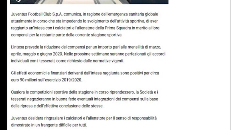 Taglio stipendi: elogio di Gravina alla Juventus