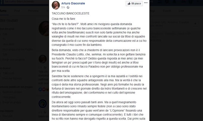 Lazio, Diaconale si sfoga sui social