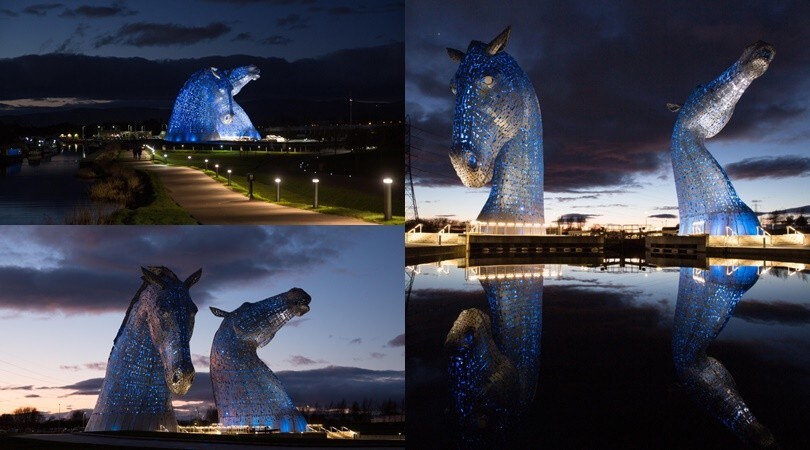 Coronavirus, i Kelpies illuminati di blu come omaggio ai medici