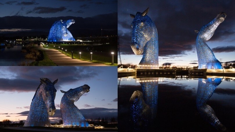 Coronavirus, i Kelpies illuminati di blu come omaggio ai medici