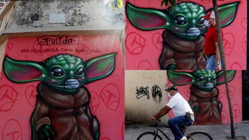 Coronavirus, Baby Yoda con la mascherina: il murale in Guatemala