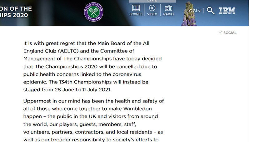 Tennis, cancellato Wimbledon 2020 per l'emergenza Coronavirus