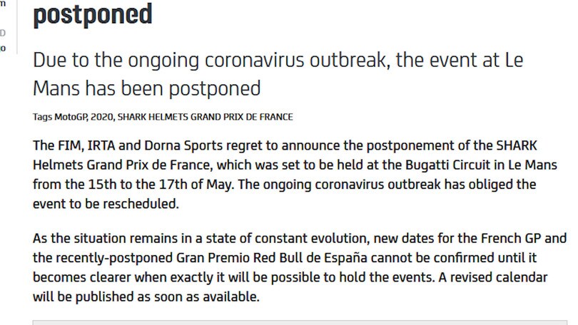 Coronavirus, Motomondiale: rinviato il Gp di Francia