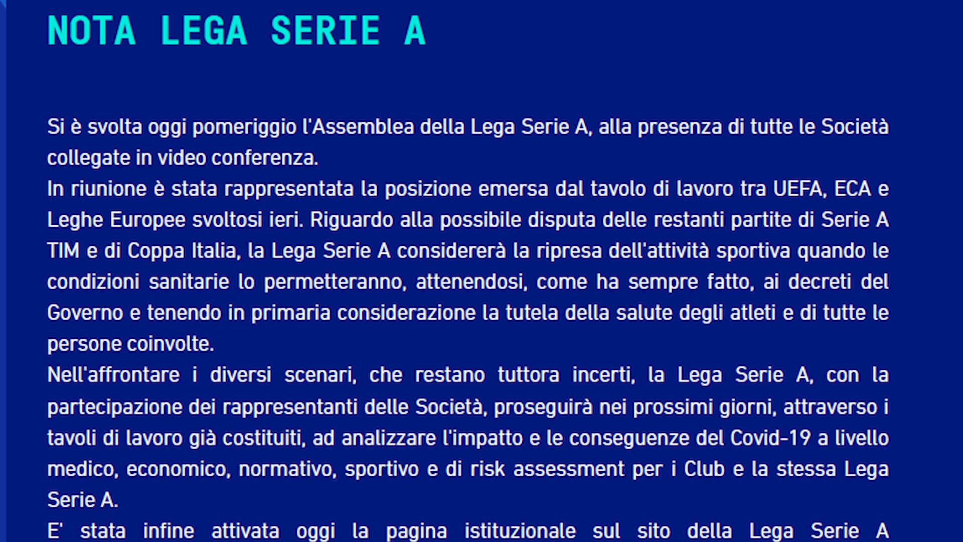 Lega Serie A, nessuna novità su stipendi e date
