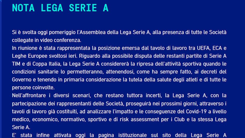 Lega Serie A, nessuna novità su stipendi e date