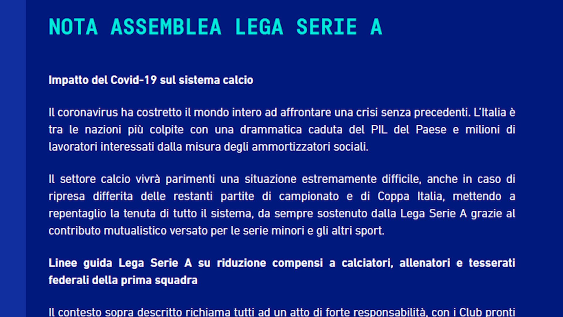 Lega Serie A: accordo raggiunto per taglio stipendi calciatori