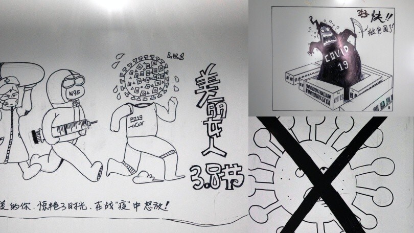 Coronavirus, ospedale tappezzato con i disegni degli operatori sanitari a Wuhan