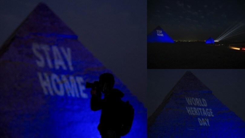 Coronavirus, piramide di Giza illuminata con il messaggio "Stai a casa"
