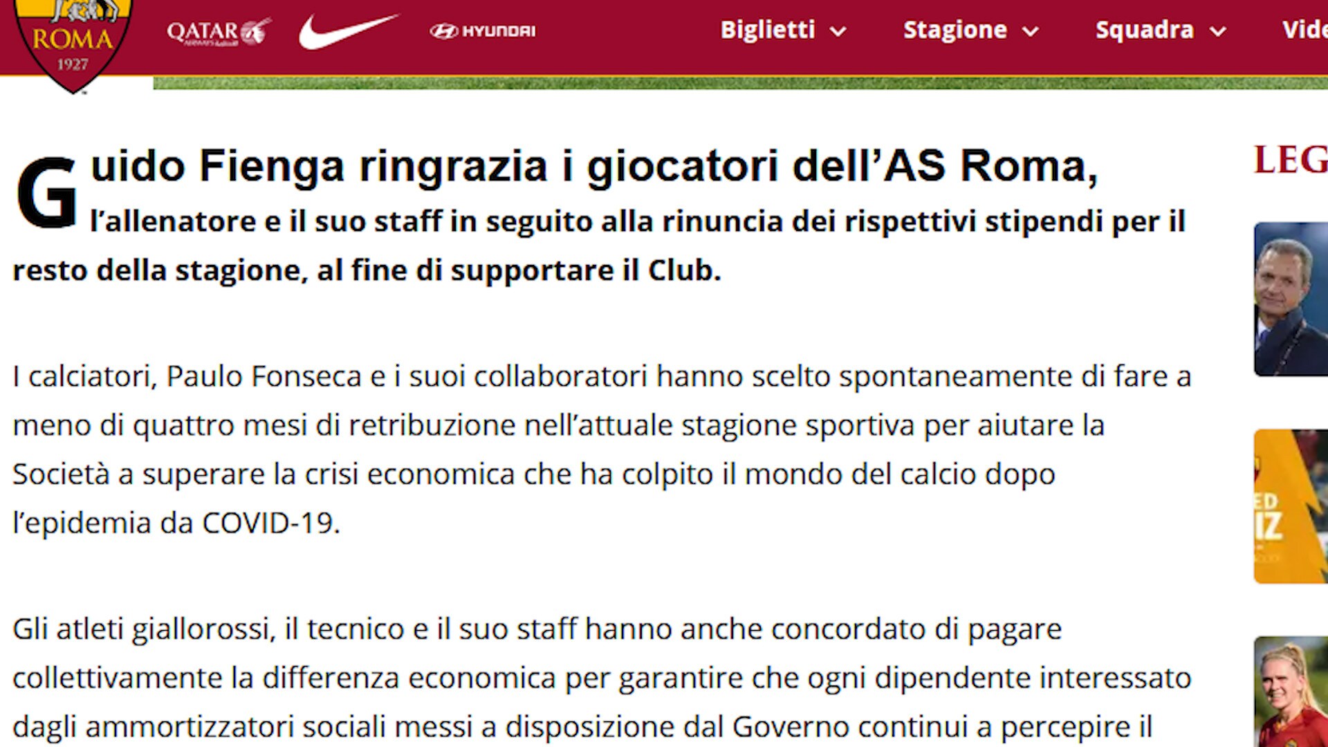 Ufficiale, Roma: calciatori e staff tecnico rinunciano a 4 mesi di stipendi