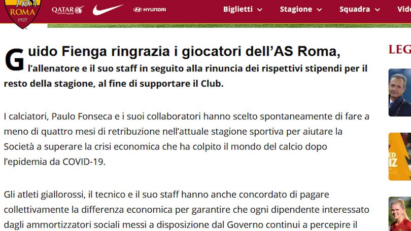 Ufficiale, Roma: calciatori e staff tecnico rinunciano a 4 mesi di stipendi