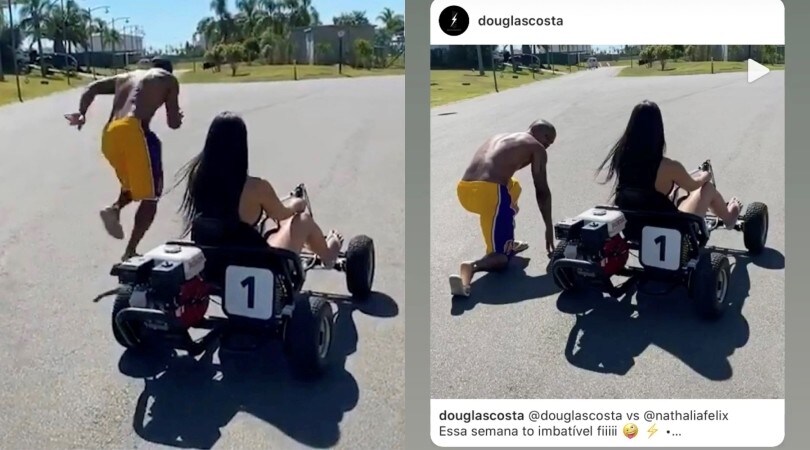 Douglas Costa batte il kart della fidanzata e sfida Leclerc