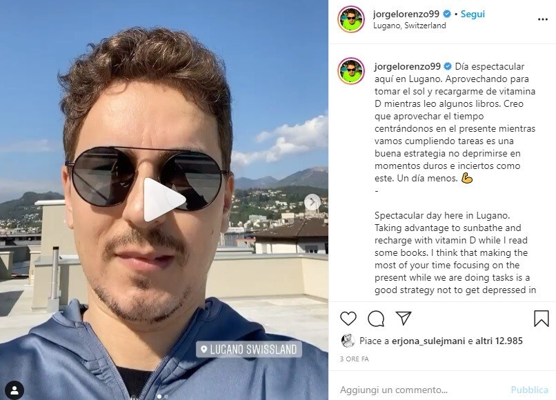 Jorge Lorenzo, relax a Lugano: "Il miglior metodo per non deprimersi". E c'è il like dell'ex moglie di Dzemaili