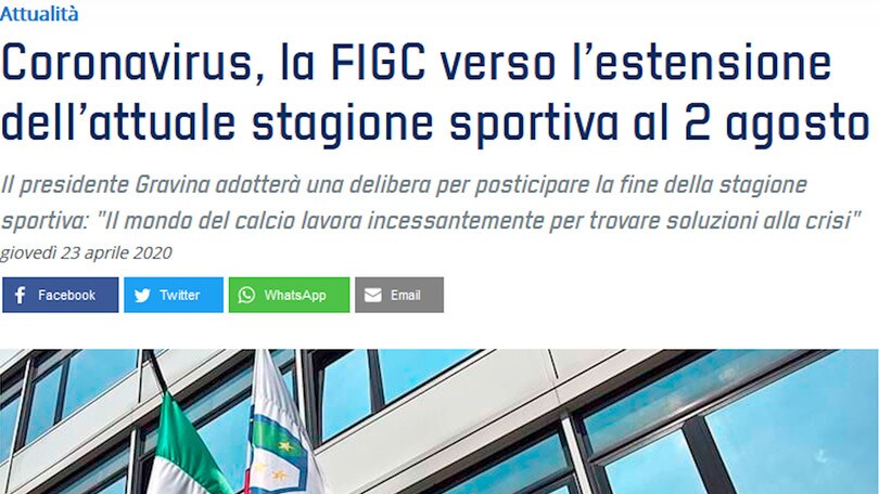 La Figc proroga la chiusura della Serie A al 2 agosto