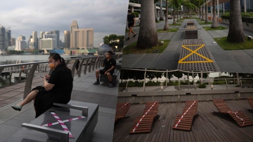 Coronavirus, panchine con il nastro a Singapore
