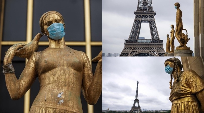 Coronavirus, indossano la mascherina anche le statue dorate del Trocadero