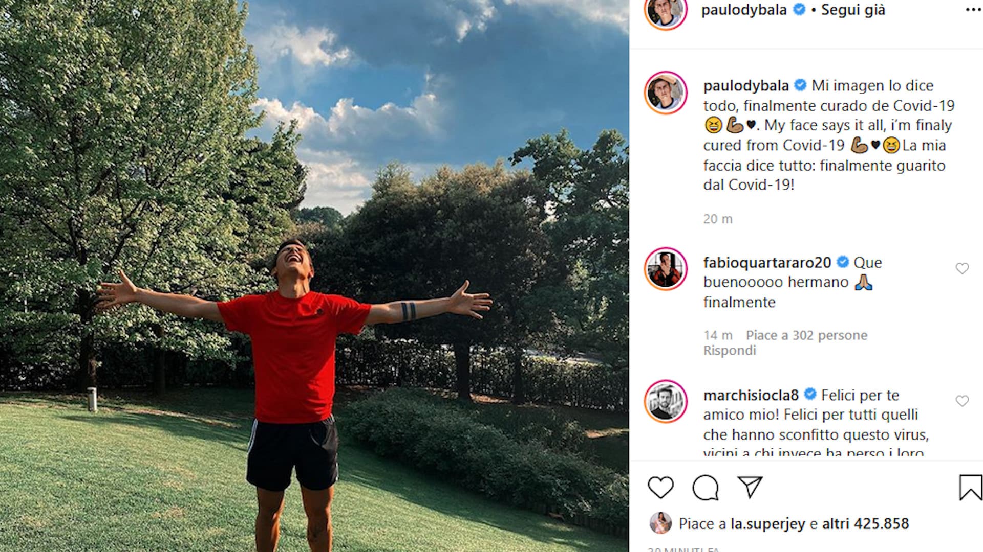 La Juve annuncia: "Dybala è guarito dal Coronavirus"