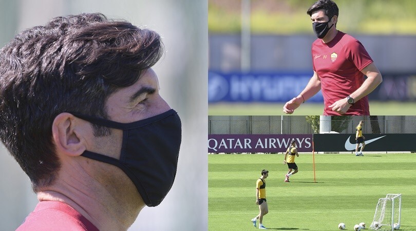 La Roma torna ad allenarsi: Fonseca in campo con la mascherina