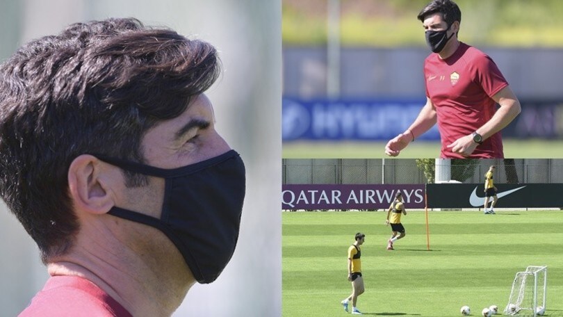 La Roma torna ad allenarsi: Fonseca in campo con la mascherina