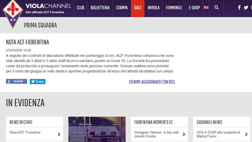 Fiorentina, tre atleti e tre membri dello staff positivi al Coronavirus