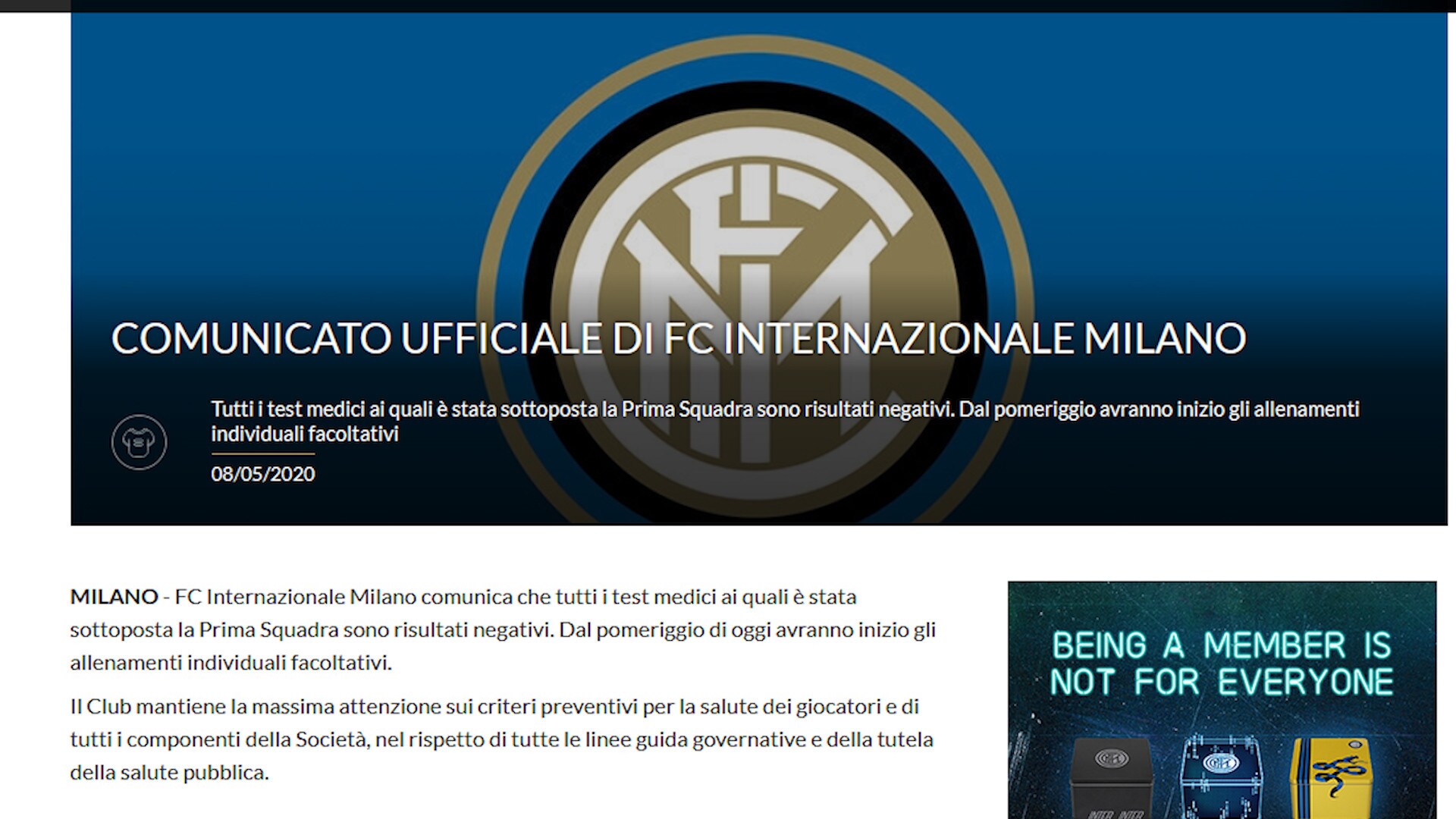 Inter, tamponi ai giocatori tutti negativi: si riparte