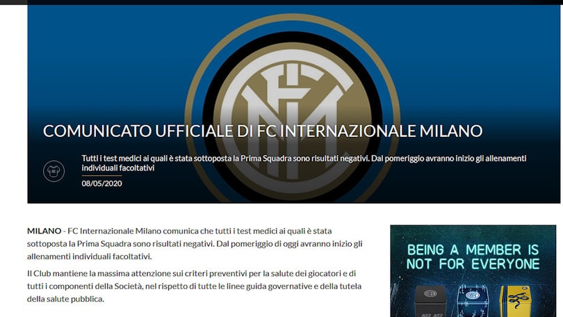 Inter, tamponi ai giocatori tutti negativi: si riparte