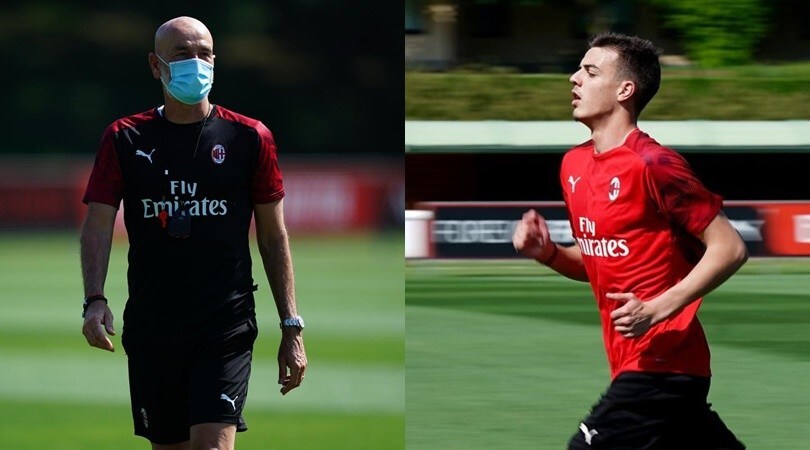 Milan, Daniel Maldini si allena ed esulta. Pioli in campo con la mascherina